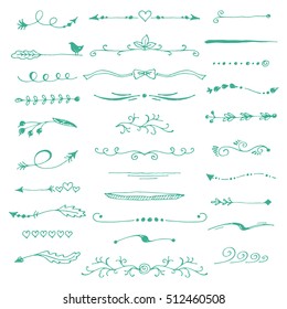 Set of different hand drawn text dividers for your design. Ink borders. Vector isolated mint elements on white background