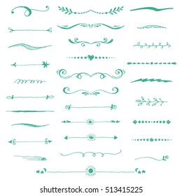 Set of different hand drawn text dividers for your design. Ink borders. Vector isolated mint elements on white background