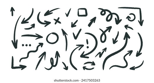 Set of different hand drawn texture arrows, cartoon style. Trendy modern vector illustration isolated on white background, flat design