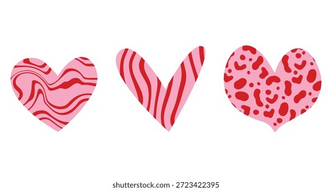 Conjunto de diferentes Formas de corazón con textura dibujadas a mano. Símbolo de amor de corazón rojo con varios patrones abstractos para el día de San Valentín. Ilustración de Arte vectorial aislado sobre fondo blanco