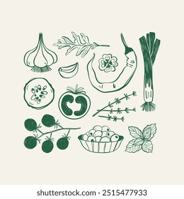 Conjunto de diferentes verduras dibujadas a mano. Ilustración vectorial