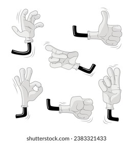 Set of different hand gestures in cartoon style. Vector illustration of gloved hands with gestures: hand wave, thumbs up, super sign, ok sign , fist, victory gesture isolated on white background.