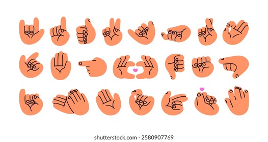 Set of different hand gestures in doodle style. Human palms pointing with index finger, shows signs of heart, peace, victory, love, OK, thumbs up. Flat isolated vector illustration on white background