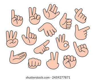 Set of different hand gestures drawing. cartoon style outlined vector illustration.