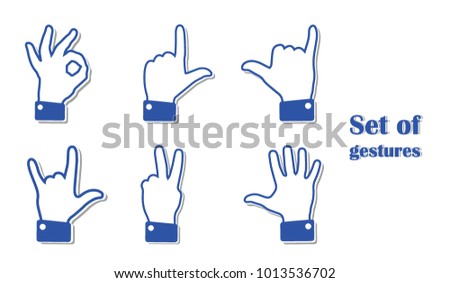 Set of different hand gestures. Flat signs shown with palm and fingers. Non-verbal or manual communication, emotional expressions, body language. Vector illustration. Isolated