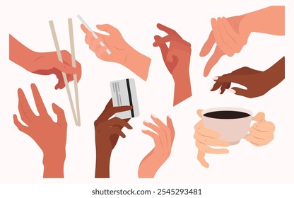Conjunto de diferentes gestos com as mãos no restaurante em ilustração plana