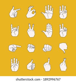 Set of different hand gestures and signals. Ok, stop, thumbs up, thumbs down, fist, pointing, victory, rock n roll signs. Cute hand drawn vector flat cartoon style illustration. 