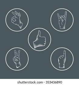 Set of different hand gestures, signals and signs. Vector illustration.