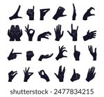 Set of different hand gestures silhouettes. Gesturing like okay sign, thumb up, pointing finger, making heart, holding hands. Vector illustration