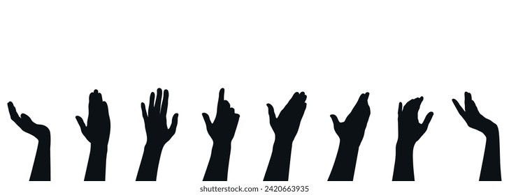 Set of different hand gestures. Silhouettes of Raised arms with open hand palm. Vector illustration