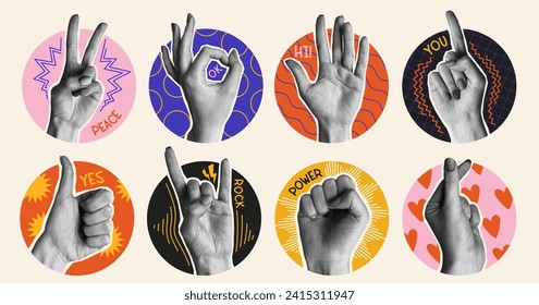 Set of different hand gestures. Thumbs up, hi, peace, love, ok and rock. Body language to express emotions. Stickers with palms. Cartoon flat vector illustrations isolated on white background