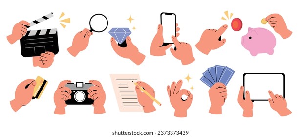 Set of different hand gestures vector. Collection of hand holding objects, business paper, laptop, credit card, finger pointing at screen, phone. Design for presentation, business, ads, social media.