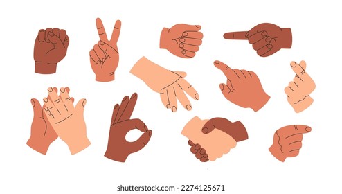 Set of different hand gestures. Victory, handshake, fist, applause, sign okay and index finger up. Hand drawn vector illustration isolated on white background. Modern flat cartoon style.