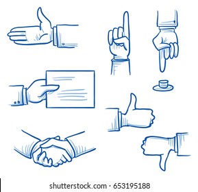 Set with different hand icons as shaking hands, like and dislike, pointing or giving something. Hand drawn line art cartoon vector illustration.