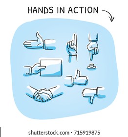 Set with different hand icons as shaking hands, like and dislike, pointing or giving something. Hand drawn line art cartoon vector illustration.