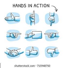 Set with different hand icons as shaking hands, like and dislike, pointing or giving something. Hand drawn sketch vector illustration, blue marker style coloring on single blue tiles.