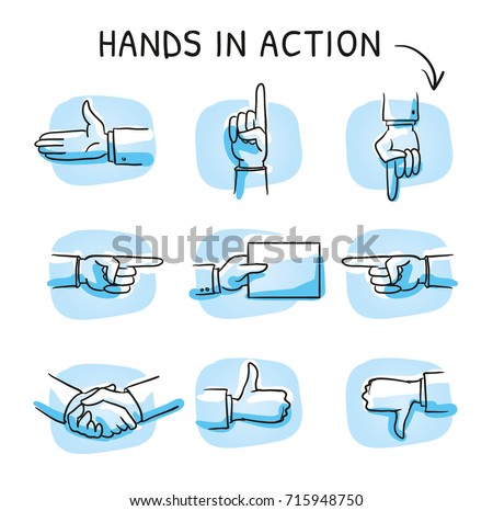 Set with different hand icons as shaking hands, like and dislike, pointing or giving something. Hand drawn sketch vector illustration, blue marker style coloring on single blue tiles.