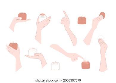 A set of different hand positions with face cream. Facial care. Vector illustration on a white background