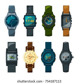 Set of different hand watch for male and female. Watch hand and wristwatch digital and mechanical. Vector illustration