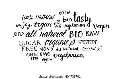 Set of different hand written healthy food words