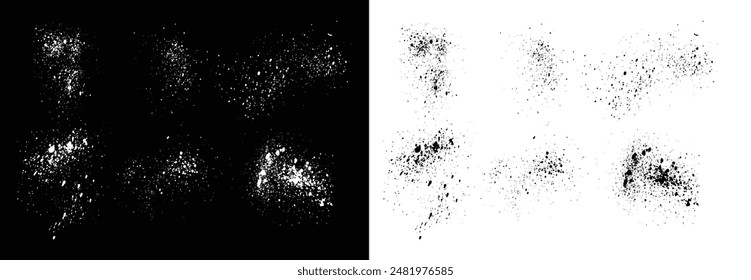 Set aus verschiedenen handgezeichneten schwarzen und weißen Pinselstrich isolierten Splatter Splash Hintergrund. Paket der Pinseltextur Hintergrund