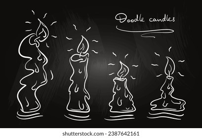 Set of different hand-drawn candles. Doodle, sketch style. Isolated on chalkboard.