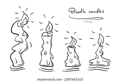 Set of different hand-drawn candles. Doodle, sketch style. Isolated