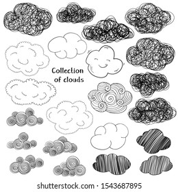Set with different hand-drawn clouds. Black outline on white background. Vector illustration in sketch style. Doodle.