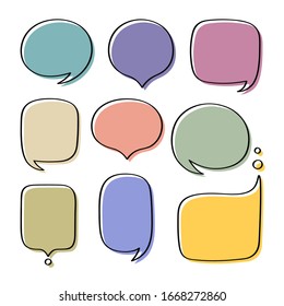 Set different hand-drawn colorful speech bubble. Talk chat speak message. Empty blank comment. Vector illustration design.