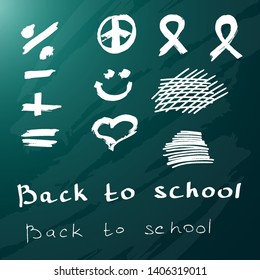 Set of different hand-drawn elements.  With text: back to school. Vector illustration