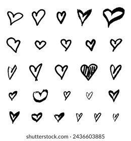 A set of different hand-drawn hearts. Hearts drawn by hand. Hearts in chalk, pencil, marker.