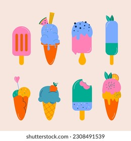 A set of different hand-drawn ice creams. Flat, hand-drawn design