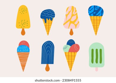 A set of different hand-drawn ice creams. Flat design