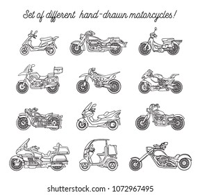 Set of different hand-drawn motorcycles in doodle style. Vector. Isolated!