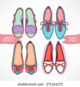 Set with different hand-drawn shoes on a white background