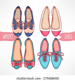 Set with different hand-drawn shoes on a white background