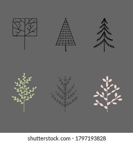Conjunto de diferentes árboles dibujados a mano. Esbozo de varias plantas forestales aisladas en un fondo gris. Lápiz y liner.Ilustración vectorial.