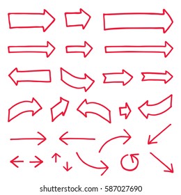 Set of different hand-drawn vector arrows. Red color, bold thickness of outline. Perfect for presentations and concept introduction.
