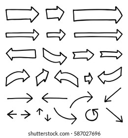 Set of different hand-drawn vector arrows. Black color, bold thickness of outline. Perfect for presentations and concept introduction.