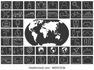 Set of different handmade travel icnos with big world map