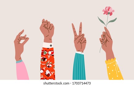 Set of different hands and gestures. Female hands in trendy clothes. Variety of women's wrists. Modern hand-drawn vector illustration for web banner, card design. 
