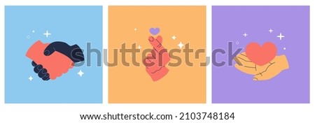 Set of different hands with hearts icon and handshake. Vector illustration isolated on colorful background with cute stars shapes. Hand drawn in trendy modern flat cartoon style.