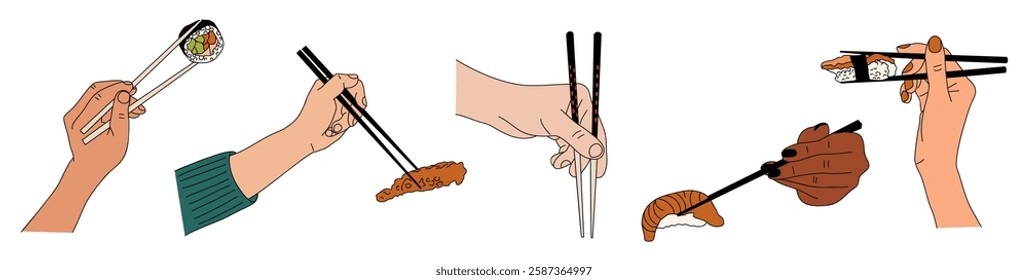 Set of different hands holding chopsticks with sushi, Asian Japan food. Asia meal, traditional dishes with rice, salmon, sauce. Flat graphic vector illustration isolated on white background 