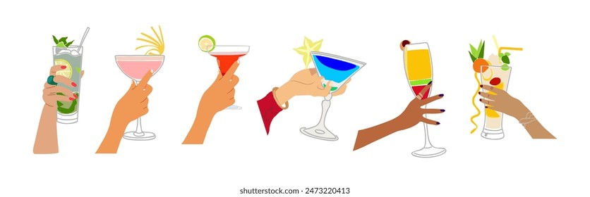 Set of Different hands holding cocktails, Popular alcohol drinks in glasses with decorations. Mojito, Pina Colada, Cosmopolitan, Daiquiri in female hands. Vector flat illustrations isolated.