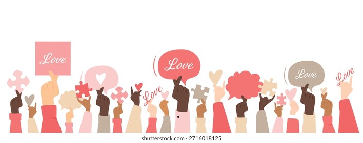 Set of different hands holding hearts, love sign, and puzzles.	