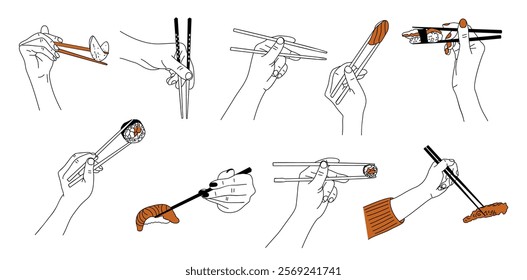 Set of different hands holding Japanese food chopsticks with sushi, shrimp, salmon, rolls. Hand drawn outline vector illustrations isolated on white background