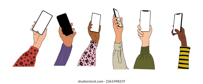 Set of Different Hands holding mobile phones set. Raised up female and male hands with smartphones. Empty screen, phone mockup. Flat vector illustrations isolated on white background