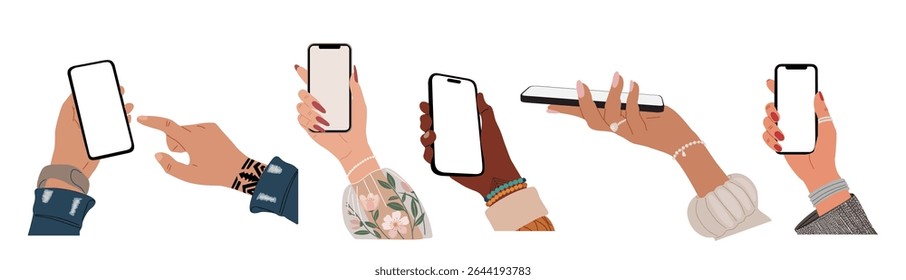 Set of Different Hands holding mobile phone. Fingers touching, scrolling smartphone screen, using applications. Empty screen, phone mockup. Flat vector illustration isolated	on white background