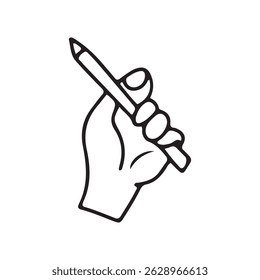Set of different hands holding different objects in cartoon style. Vector illustration of hands holding paint brush, bird feather, green pencil with eraser, white chalk isolated on white background.