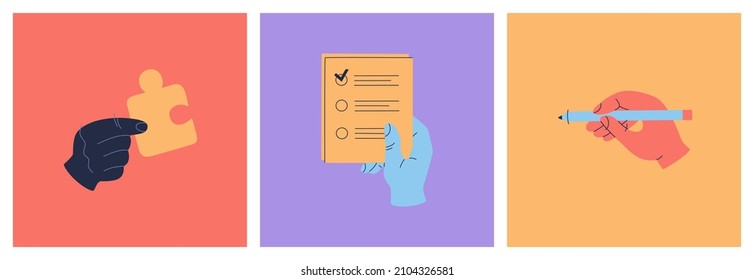 Set of different hands holding a puzzle, blank of paper and pen. Different elements for business. Hand drawn vector illustration isolated on colorful background. Modern, trendy flat cartoon style.